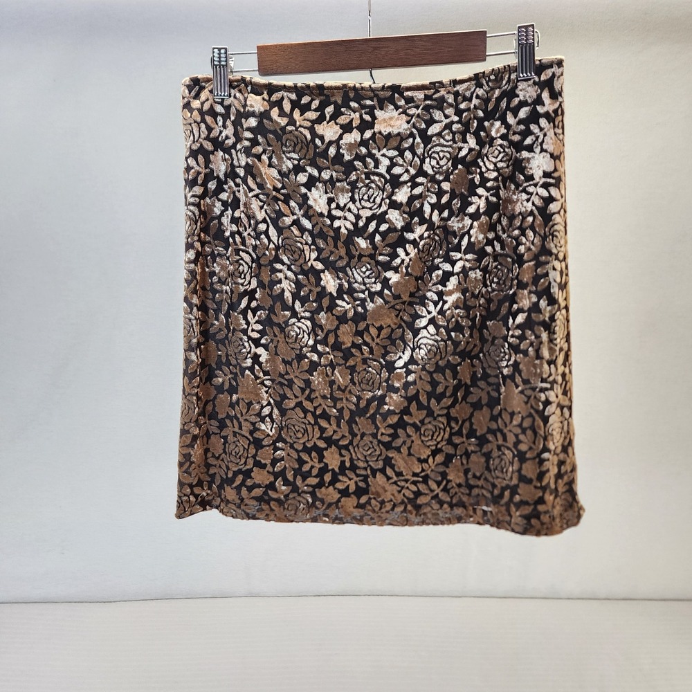 Womens XL Floral Velvet Skirt‎ Brown Black Knee Length Lined Party Cocktail XL